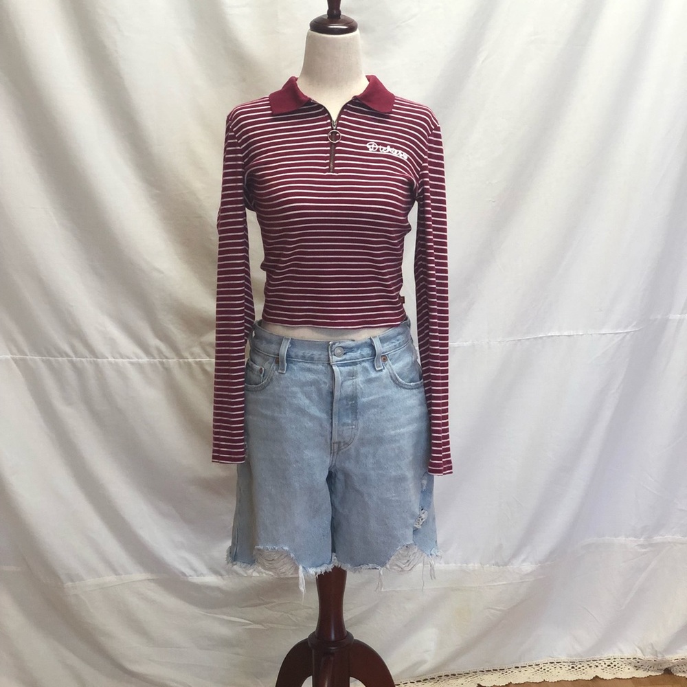 Maroon and white Dickies striped long sleeve crop top M